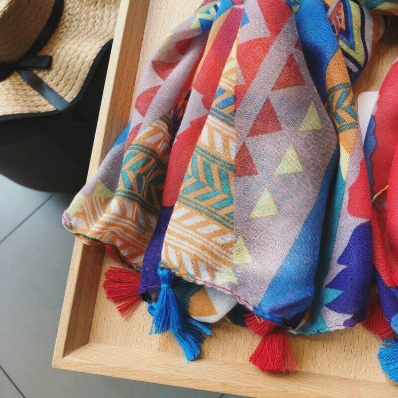 Women Boho Bohemian Scarves Wrap Shawl Ethnic Tassel Fringe Geometric Beach Gift