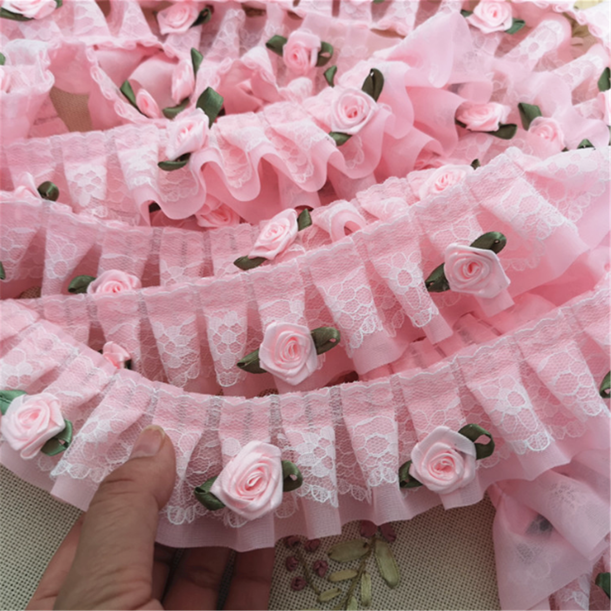 1M Pink Rose Flower Frill Ruffle Lace Trim Chiffon Pleated Ribbon DIY Craft