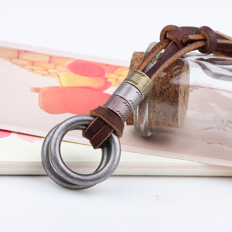 Men Retro Leather LUS Cord Necklace Double Circle Ring Pendant Jewelry CHI