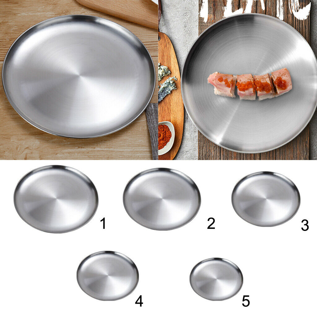3x Stainless Steel Dinner Plate Coffee Tea Breakfast Platter 14+20+26cm