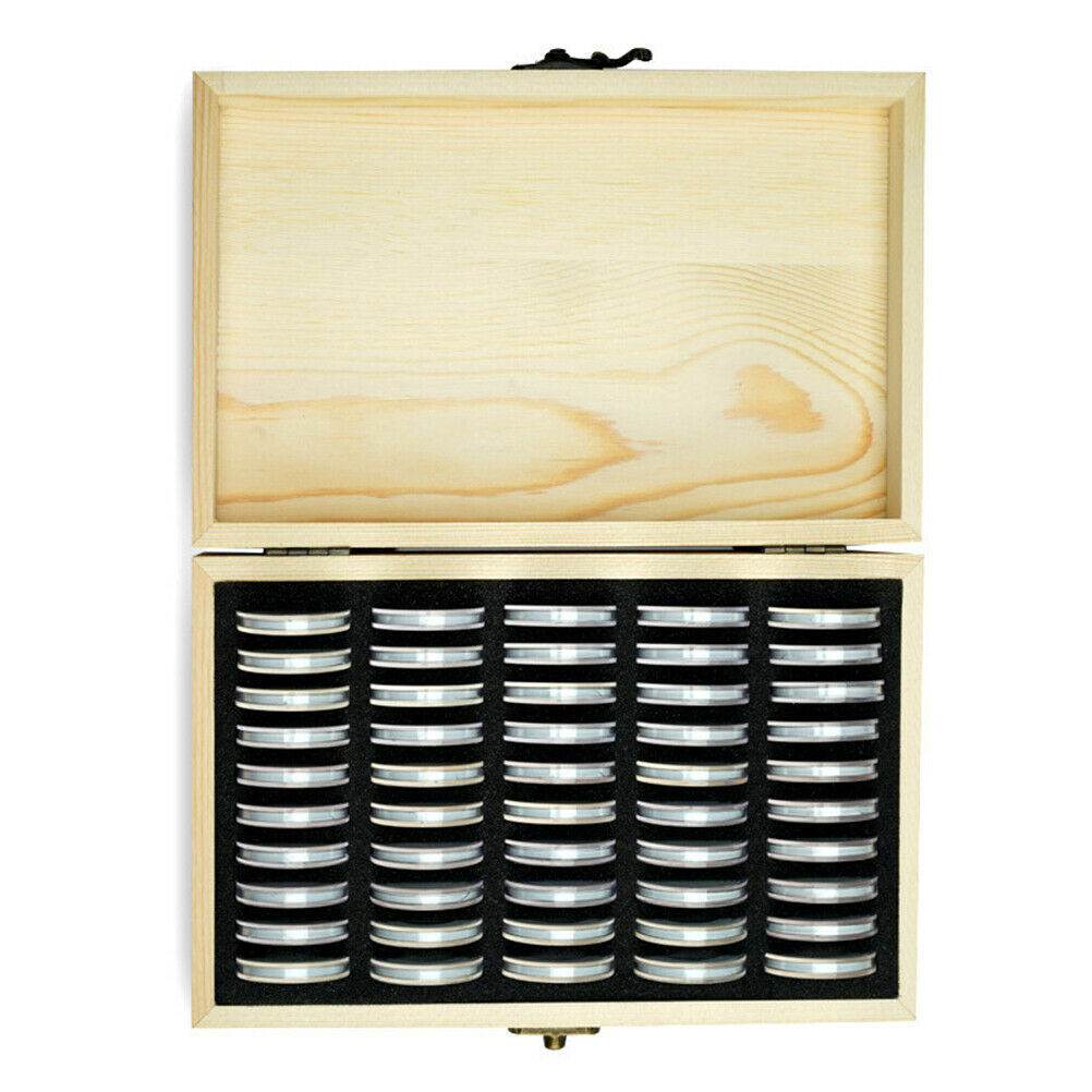 50Pcs Coin Holder Case with Wooden Storage Box Round Coin Capsules Organizer