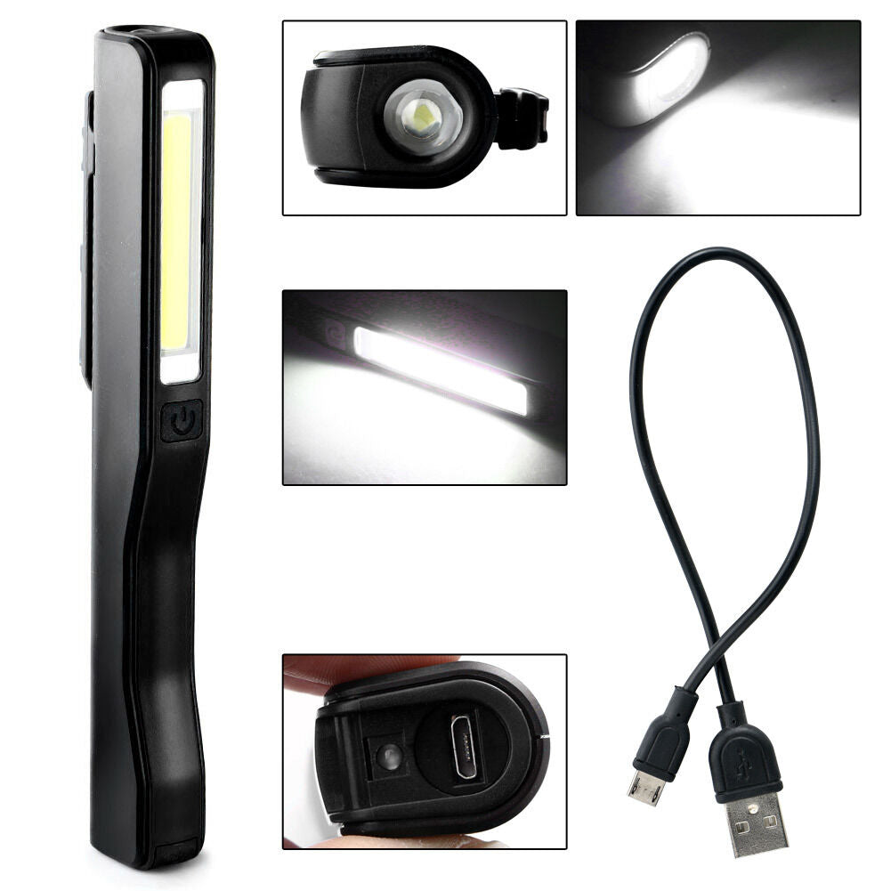 Portable COB LED Rechargeable Magnetic Pen Clip Hand Torch Work Light Black