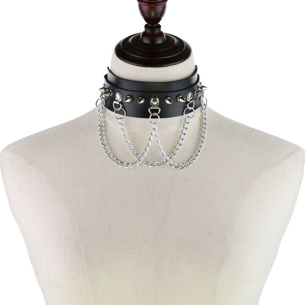 2Pcs Pu Leather Choker Collar Women Men Studs Chains Necklace Rock Jewelry