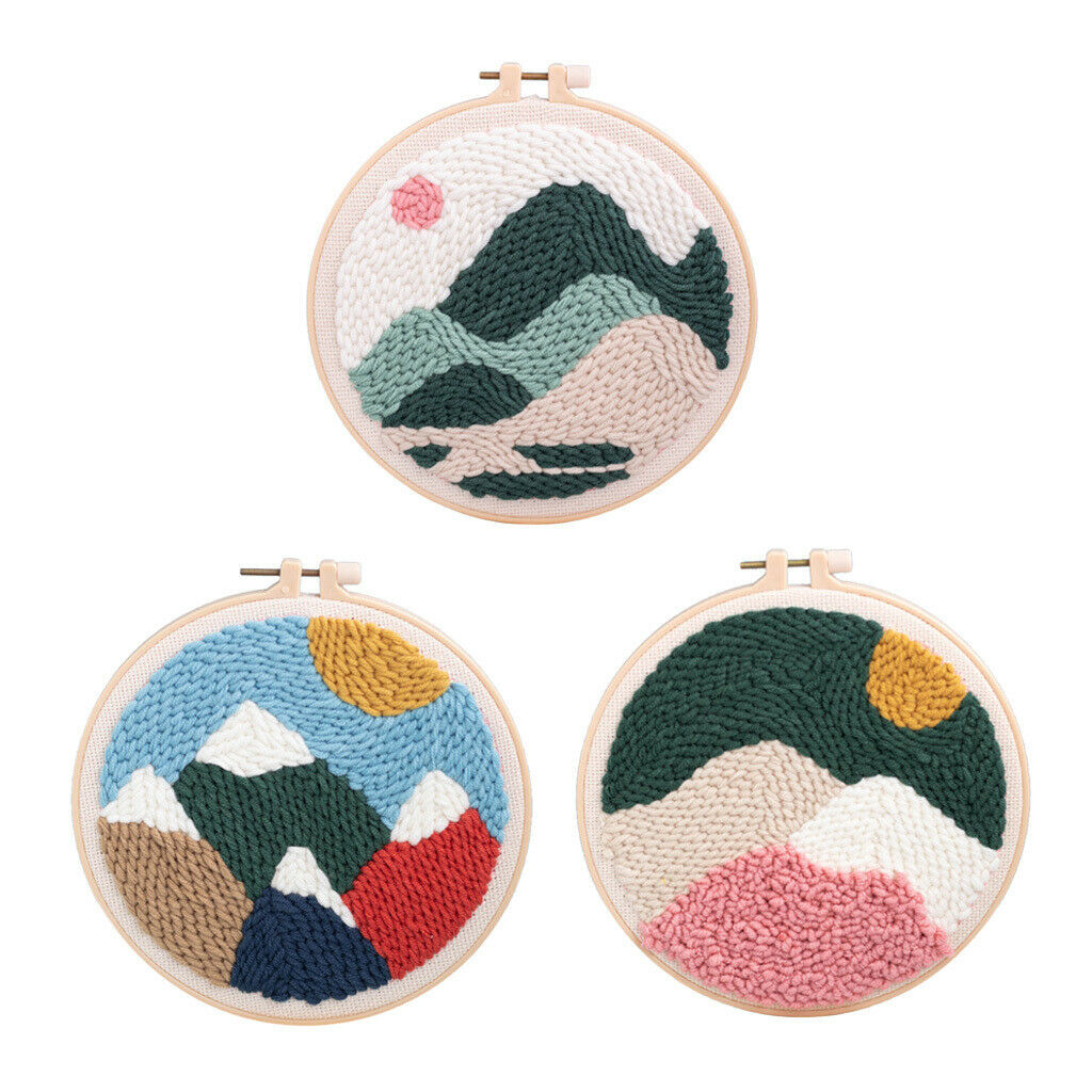3 Set Punch Embrodiery Starter Kits Soft Yarn Hand Craft Scenery Pattern