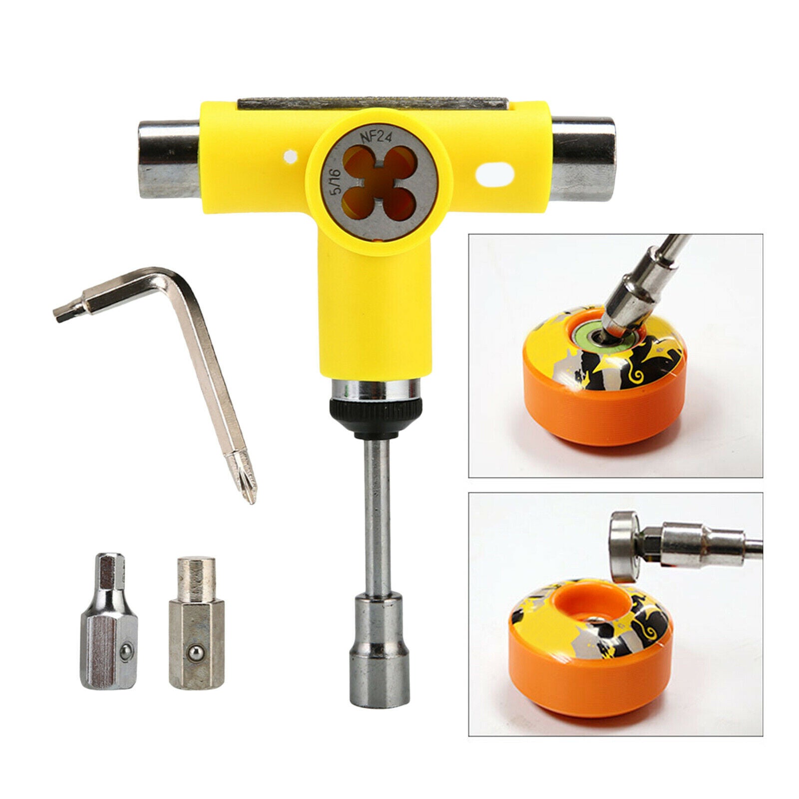 Multi Skateboard Roller Skate T Shape Tool Wrench with L Spanner Yellow