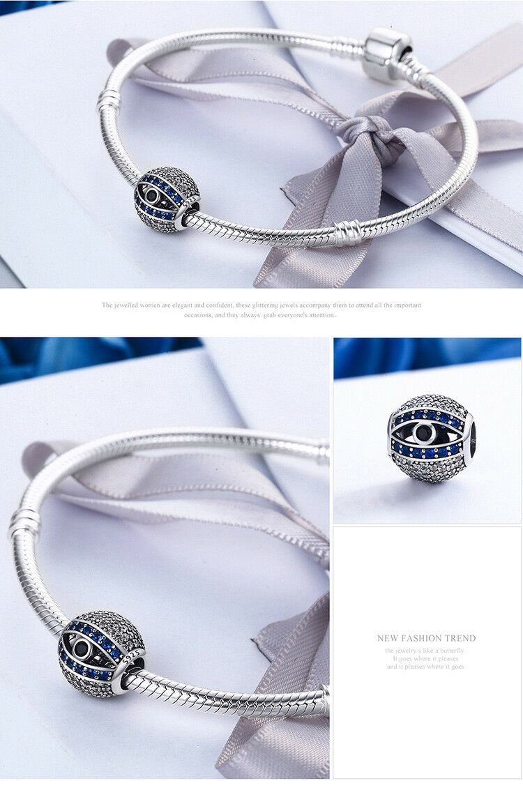 European 925 Sterling Blue Eye of God Zircon CZ Round bead solid charm for women