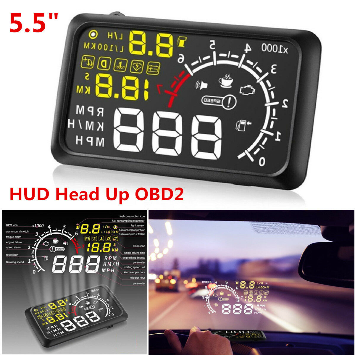 Car LCD 5.5" HUD Head Up Display OBD2 II Speedometers Engine Over Speed Warning