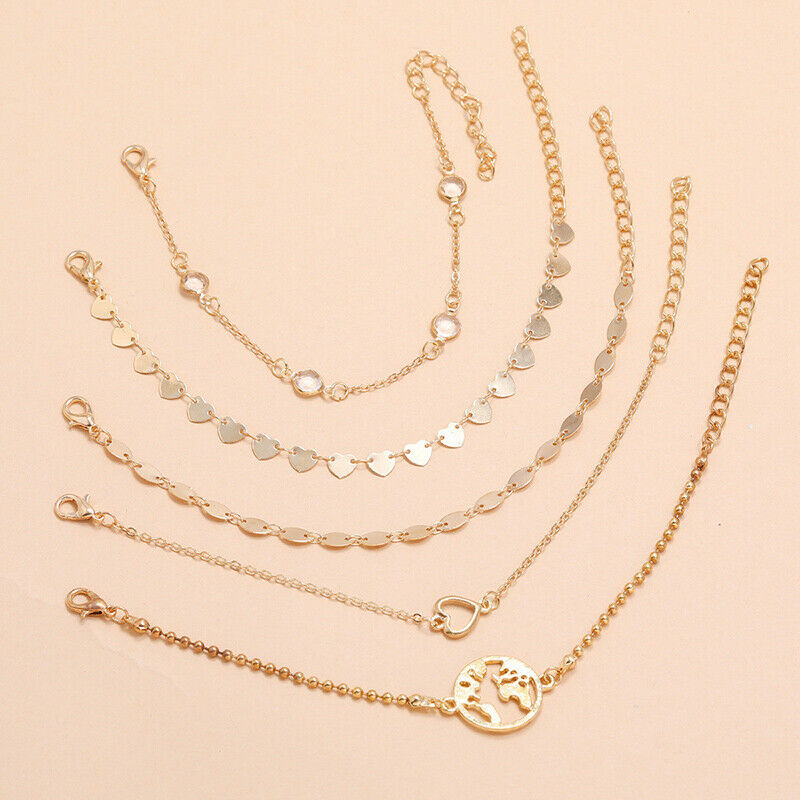 5Pcs Geometric hollow heart Women Tassels Leaves Circular Chains Bangle J.l8