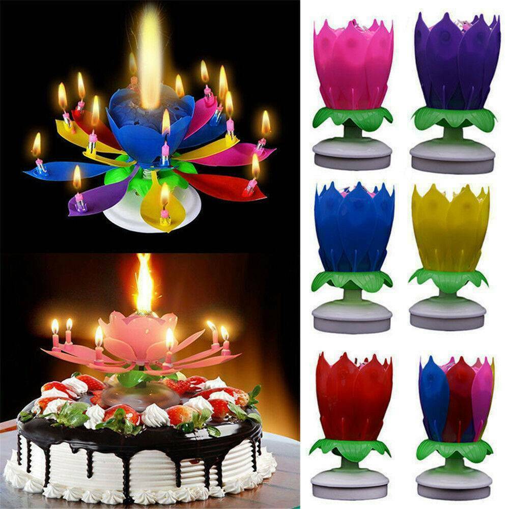 Candle Rotating Birthday Musical Lotus Flower Cake Candles Happy Light Decor New