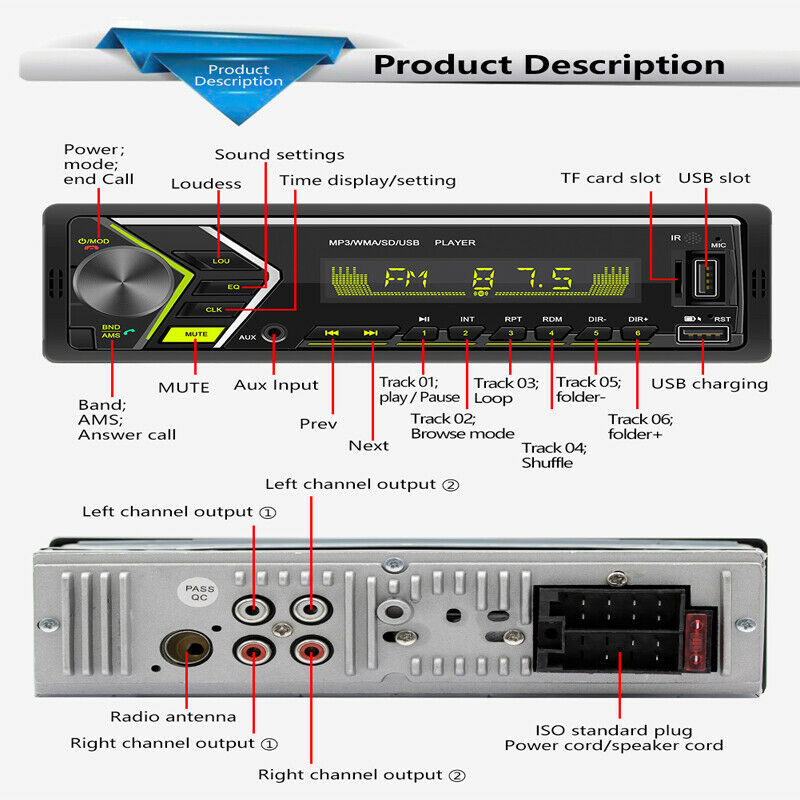 12V Car MP3 Player Audio In-Dash Bluetooth Hands-free FM Radio Colorful Lights