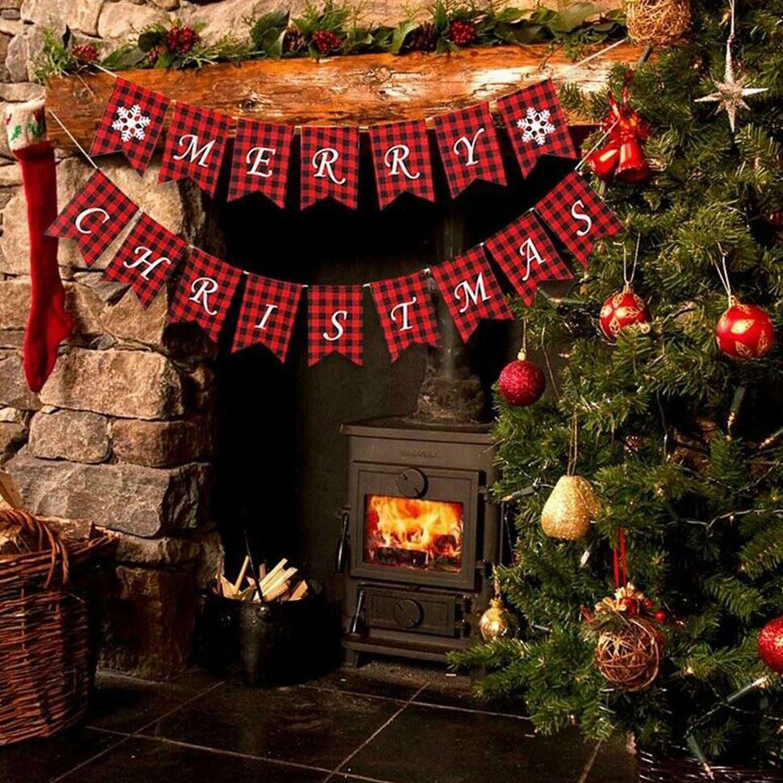 Merry Christmas Banner Flag Red Burlap Plaid Hanging Ornaments Home Party Decor