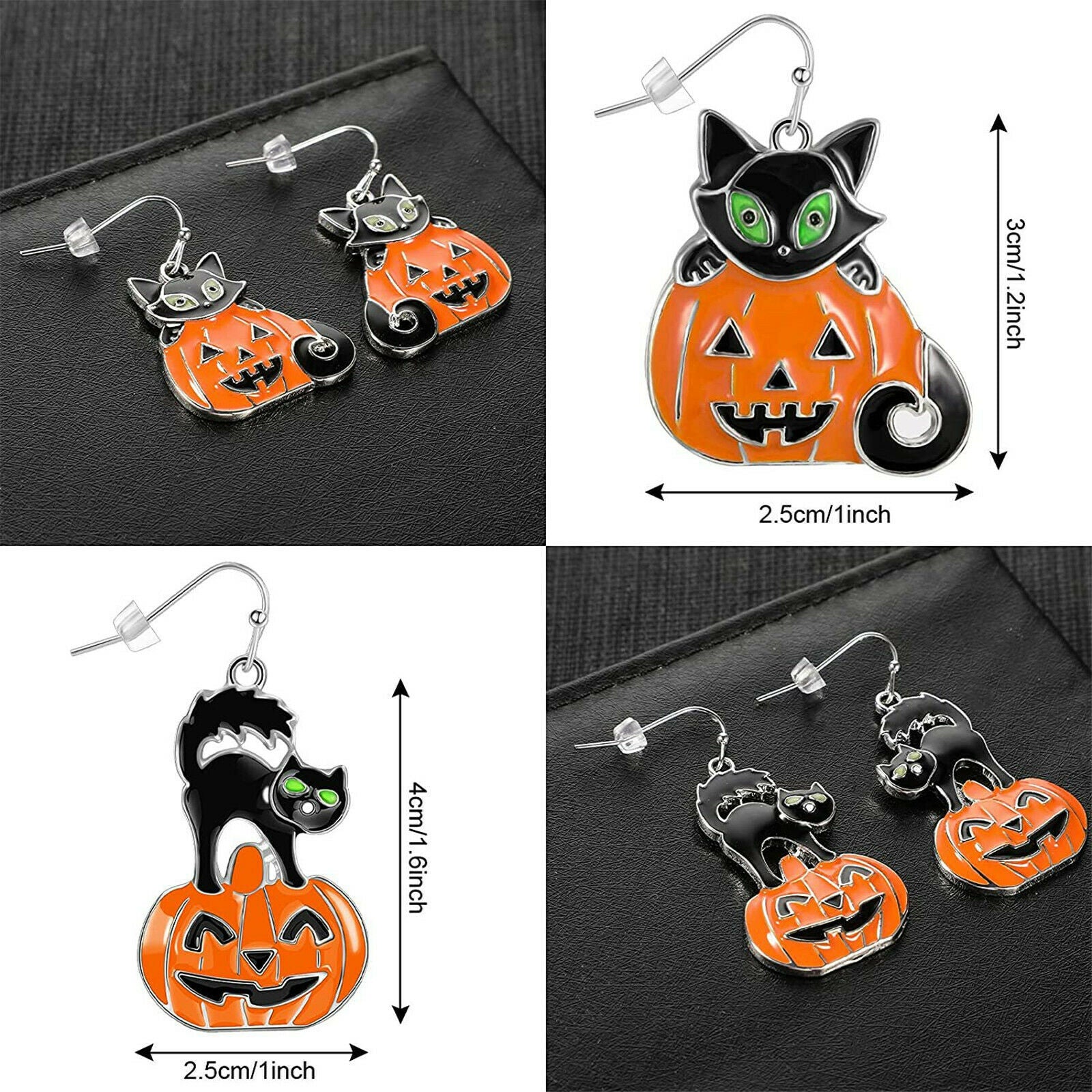 2 Pair Colorful Enamel Alloy Earrings Halloween Pumpkin Cat Pendant Ear Hooks