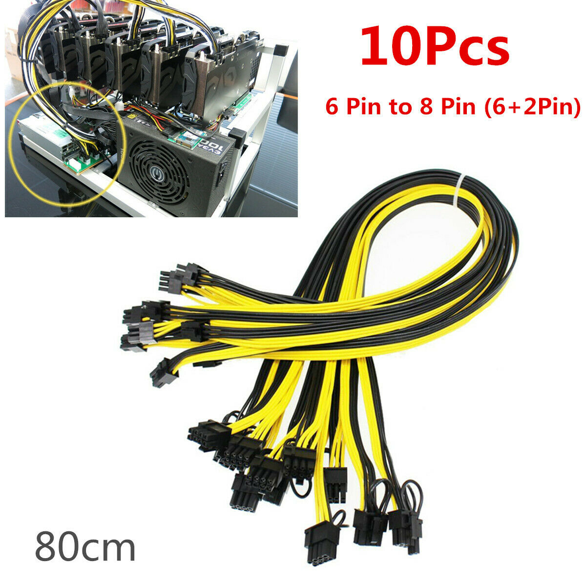 10Pcs 80cm 6 Pin to 8 Pin PCI-E Cable 18AWG For Ethereum Mining Breakout Board