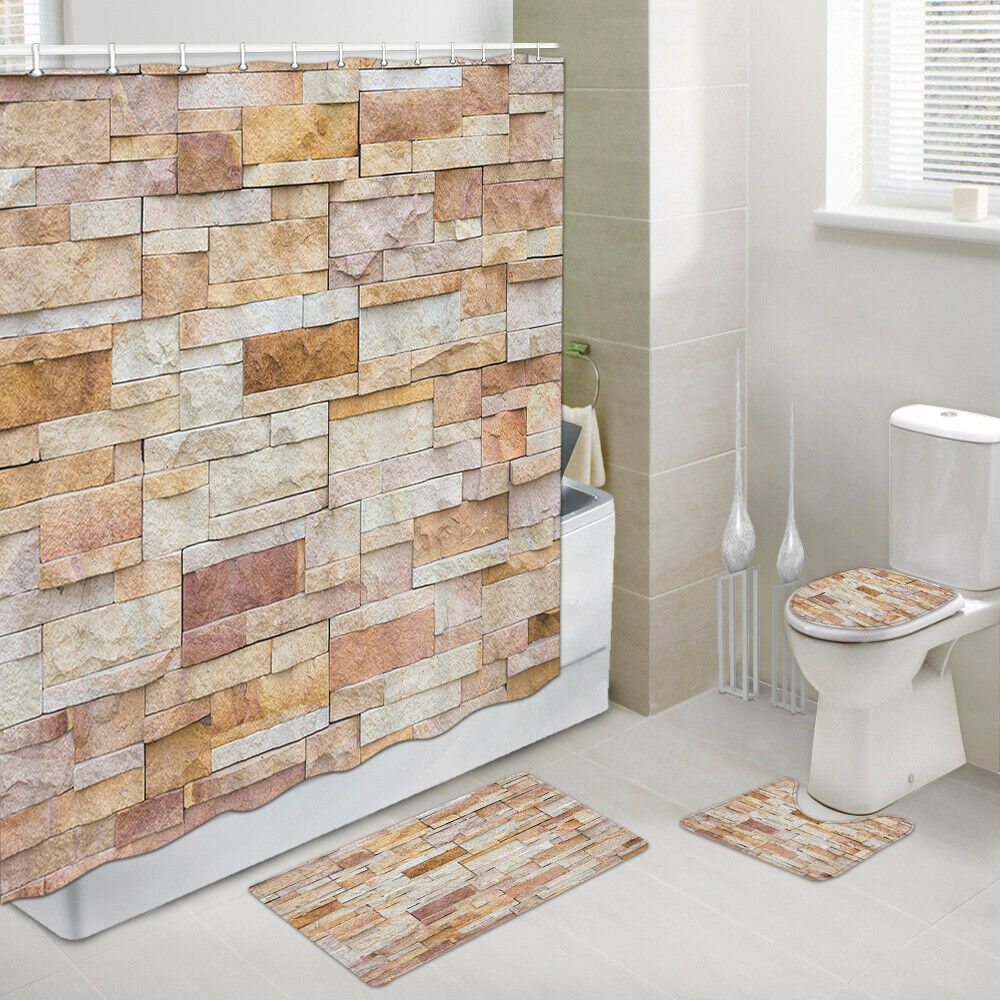 Old Rock Brick Wall Shower Curtain Set Bath Rug Toilet Lid Seat Cover 4PCS-Set