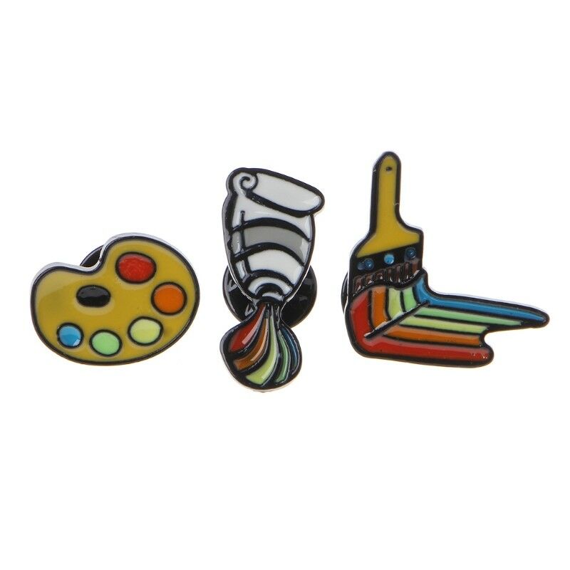 3PCS RAINBOW ENAMEL PAINTER'S PALETTE BRUSHES BROOCHES PINS ARTIST GIFT JEWELRY