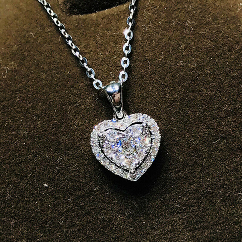 Ladies White Diamond Heart Pendant Necklace Fashion Women Jewellery Love Gift HN
