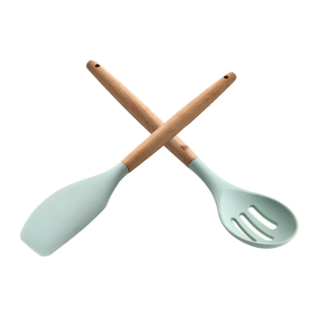 2x Non Stick Spatula Spoon / Wooden Handle Durable Food Tong Set for Baking