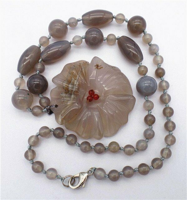 1 Strand 50x8mm Natural Gray Agate Carved Flower Pendant Beaded Necklace HH7333