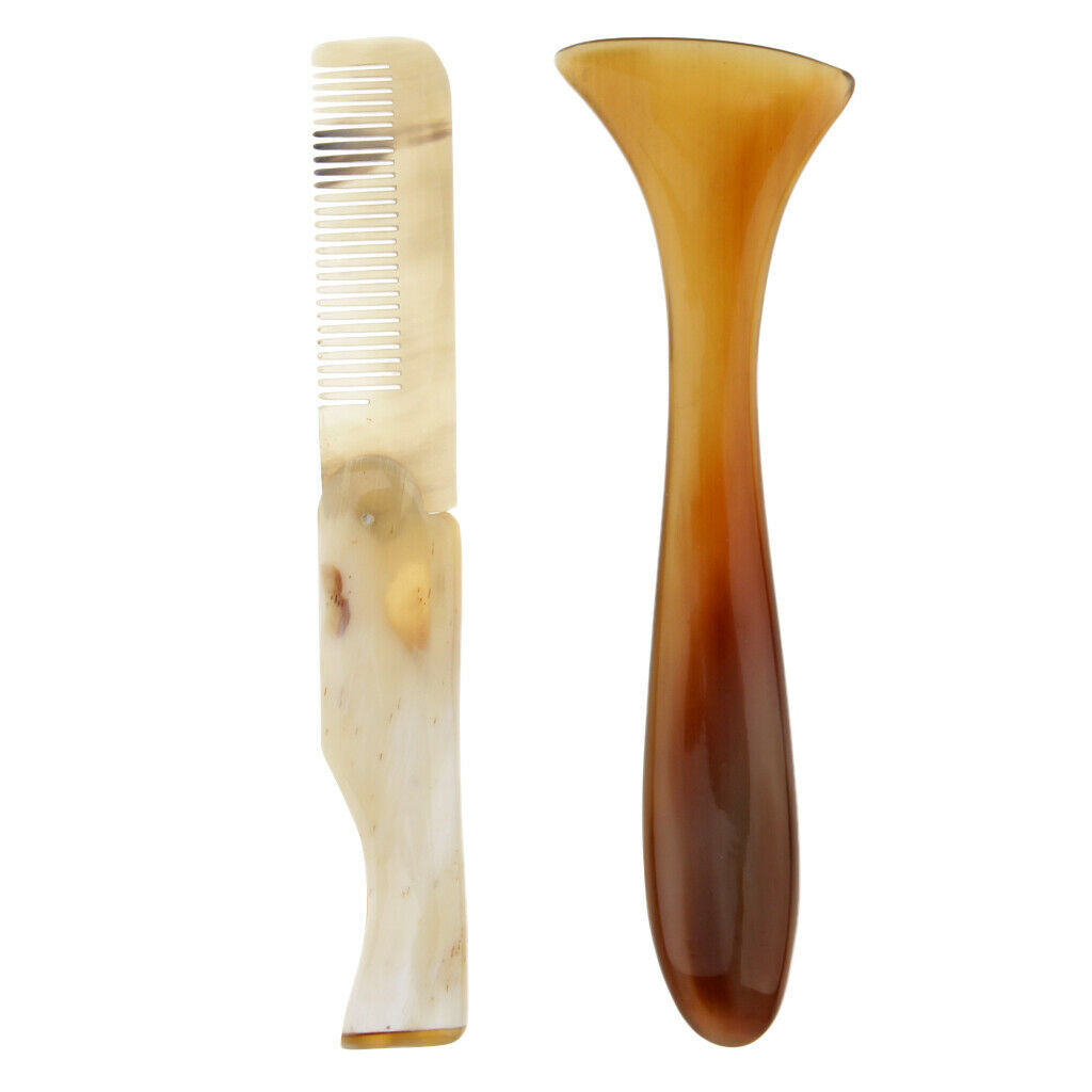 Unique Natural Horn Folding Massage Comb + Pocket Travel Face Massage Stick