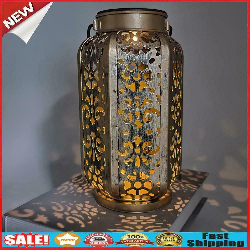 LED Solar Lamps Metallic Hollow Lantern Hanging Light Outdoor Garden Decor @