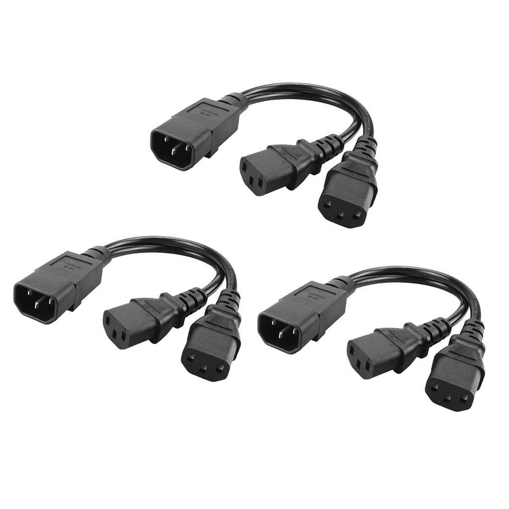 3Pcs Black PVC 1-to-2 Y-Cable IEC320-C14 to 2C13 Cord Convertor Assy 350mm