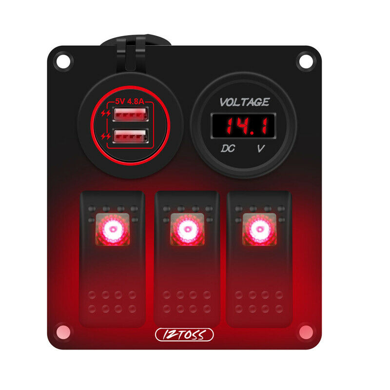 3 Gang Switch Panel 12V/24V Car Boat Yacht Red LED Rocker Breaker Control QC3.0