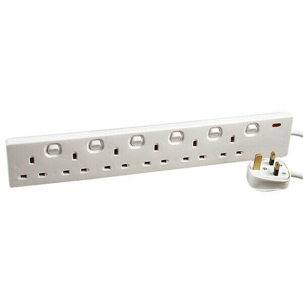 6 Socket Individually Switched Compact UK Mains Extension Lead 5m White