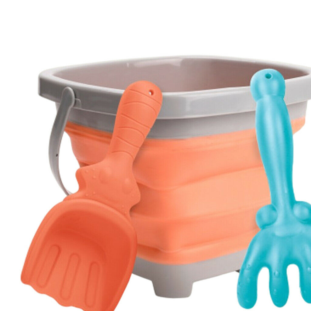 3x Summer Folding Beach Plastic Buckets Set with Rake and Shovel Sand for