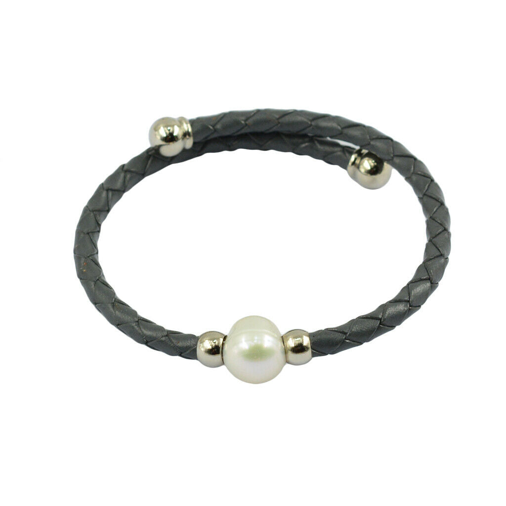 Handmade Leather Braide Rope Fresh Water Peal Wrap Bangle Bracelet Dark Grey