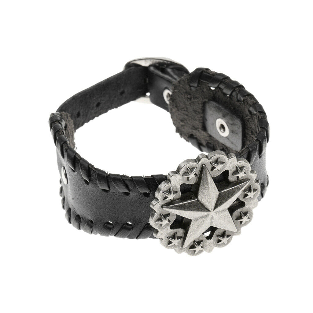 Black Retro Braided Mens Wide Leather Wristband Pentagrams Bangle Bracelet