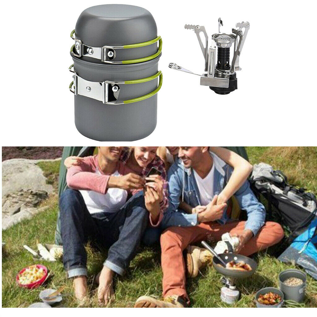 Portable Aluminum Outdoor Cookware Mess Kits Pot Pan Mini Stove Camp Equipment