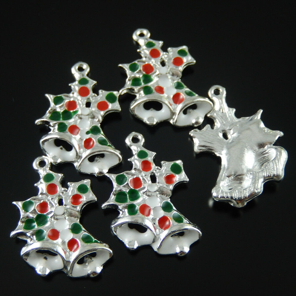 15 pcs Christmas Jingle Bell Charm Oil Drip DIY Pendant Jewelry Findings 27x17mm