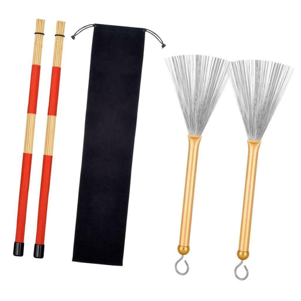 2Pairs Drum Sticks & Drum Wire Brushes & Storage Bag For Music Lover Golden