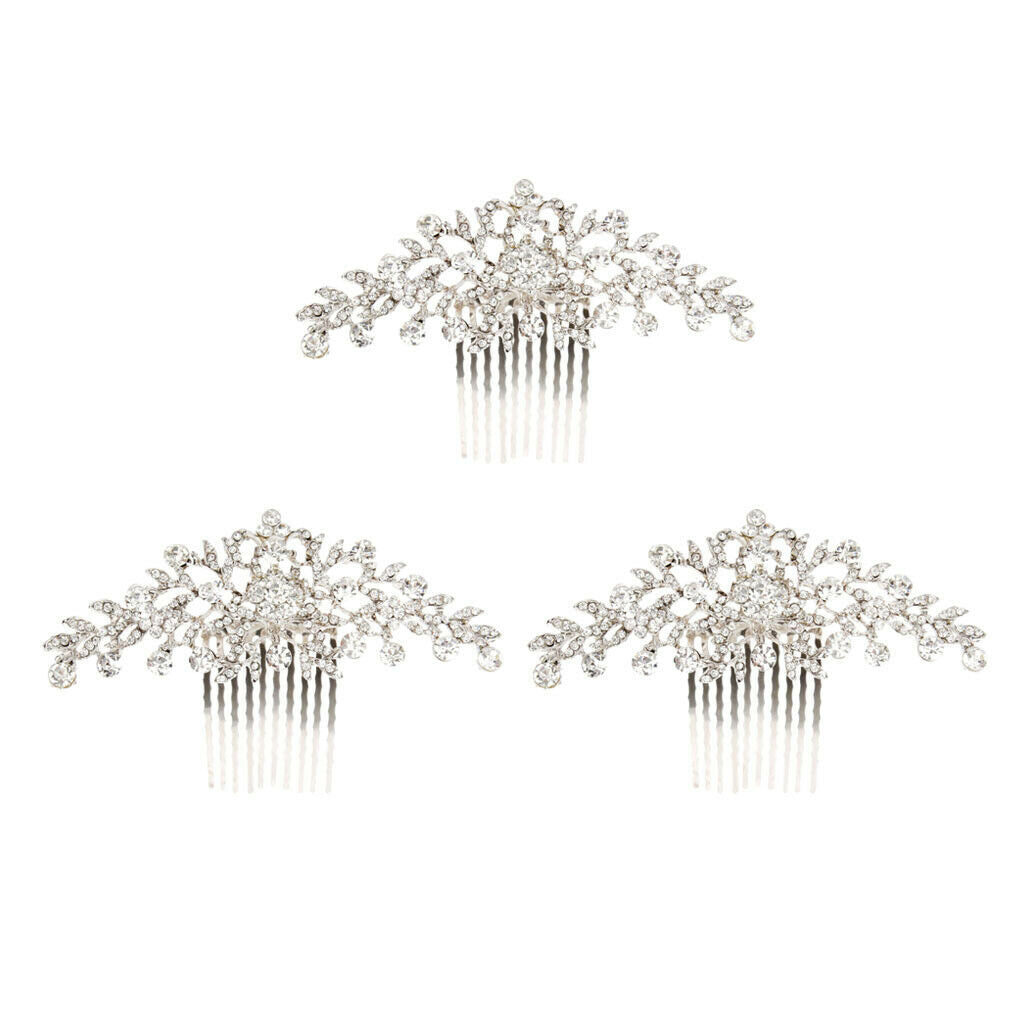 3 Pieces Bridal Wedding Flower Diamante Crystal Rhinestone Women Hair Comb