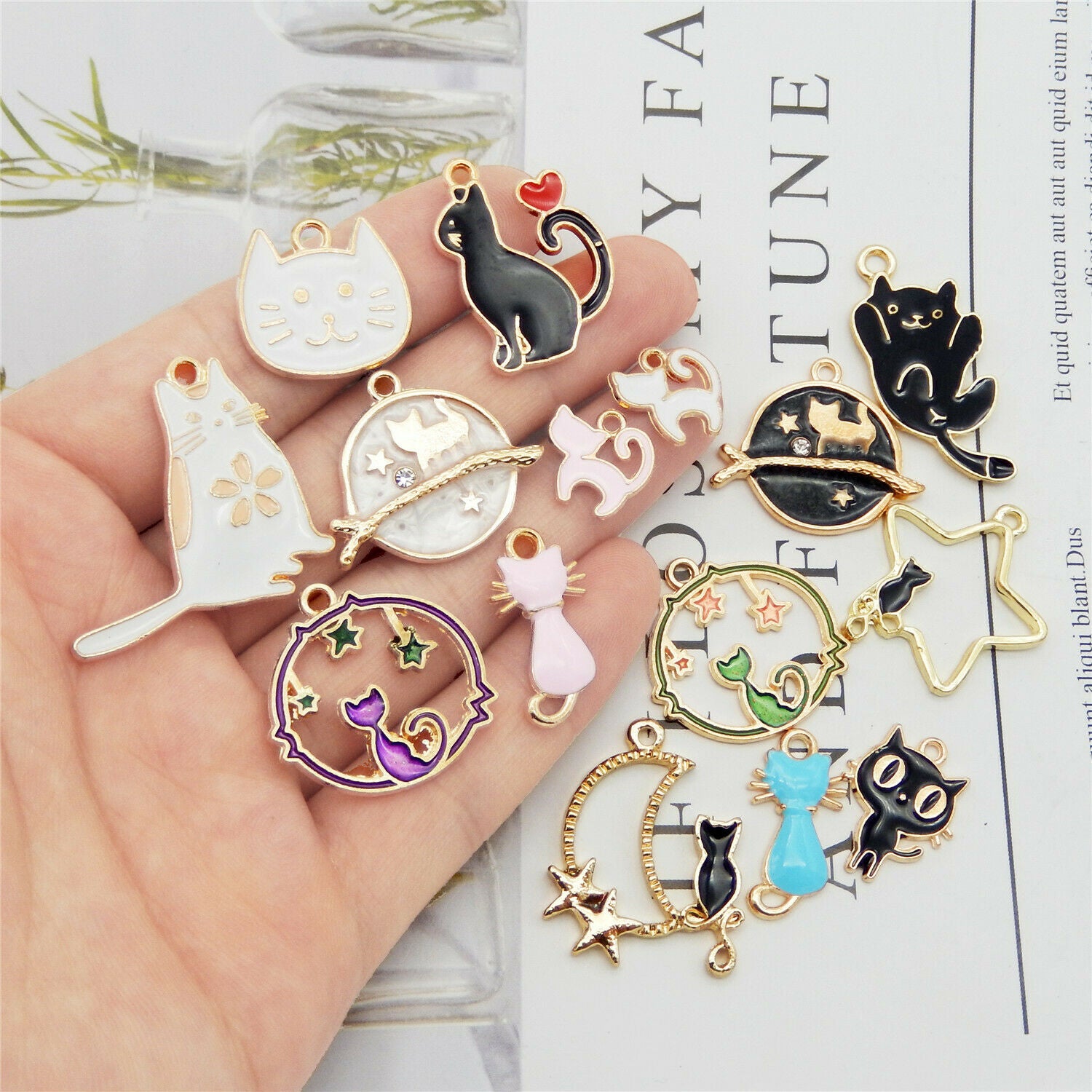 15PCS Assorted Enamel Plated Mixed Kitty Cat Animals Charms Pendant DIY Findings