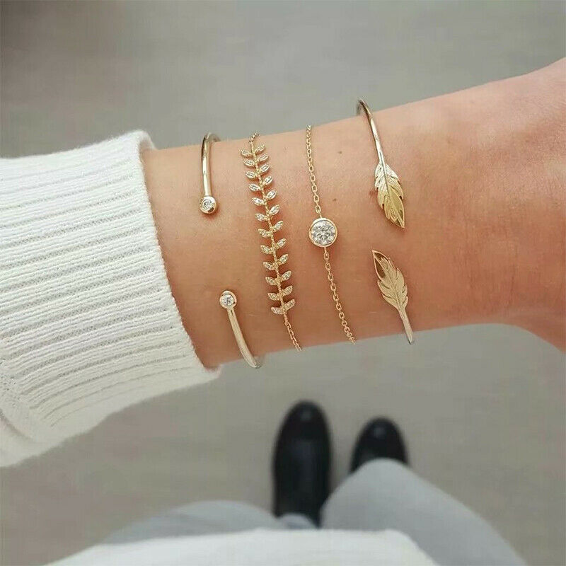 4Pcs/set Fashion Women Geometric Crystal Leaf Bracelet Adjustable Bangle .l8