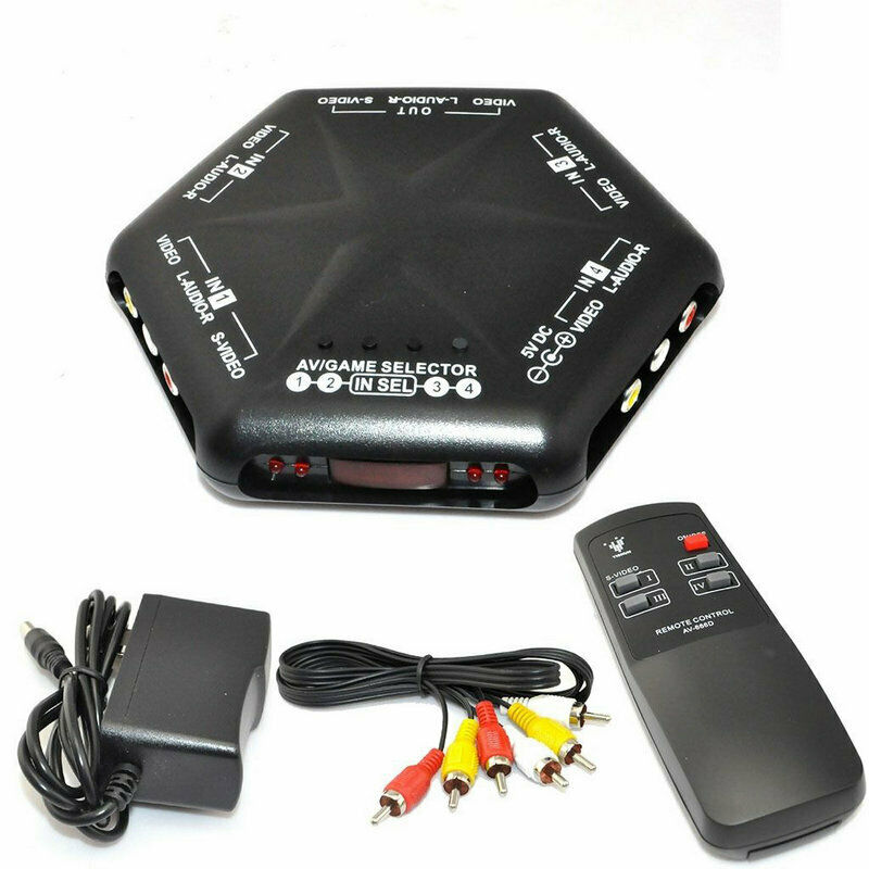 5 Way 4 in 1 out S-Video Audio Game RCA AV Switch Box Selector Splitter + Remote