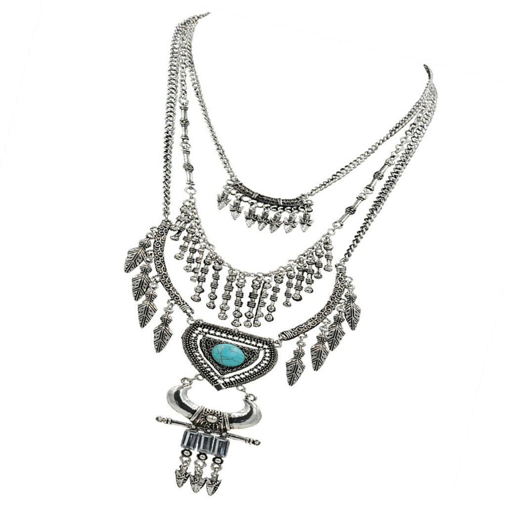 Retro multi-layer leaf arrow fringe heart-shaped turquoise horn necklace