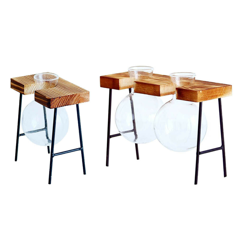 Set of 2 Hydroponic Glass Planter Container in Wooden Stand Plant Stand