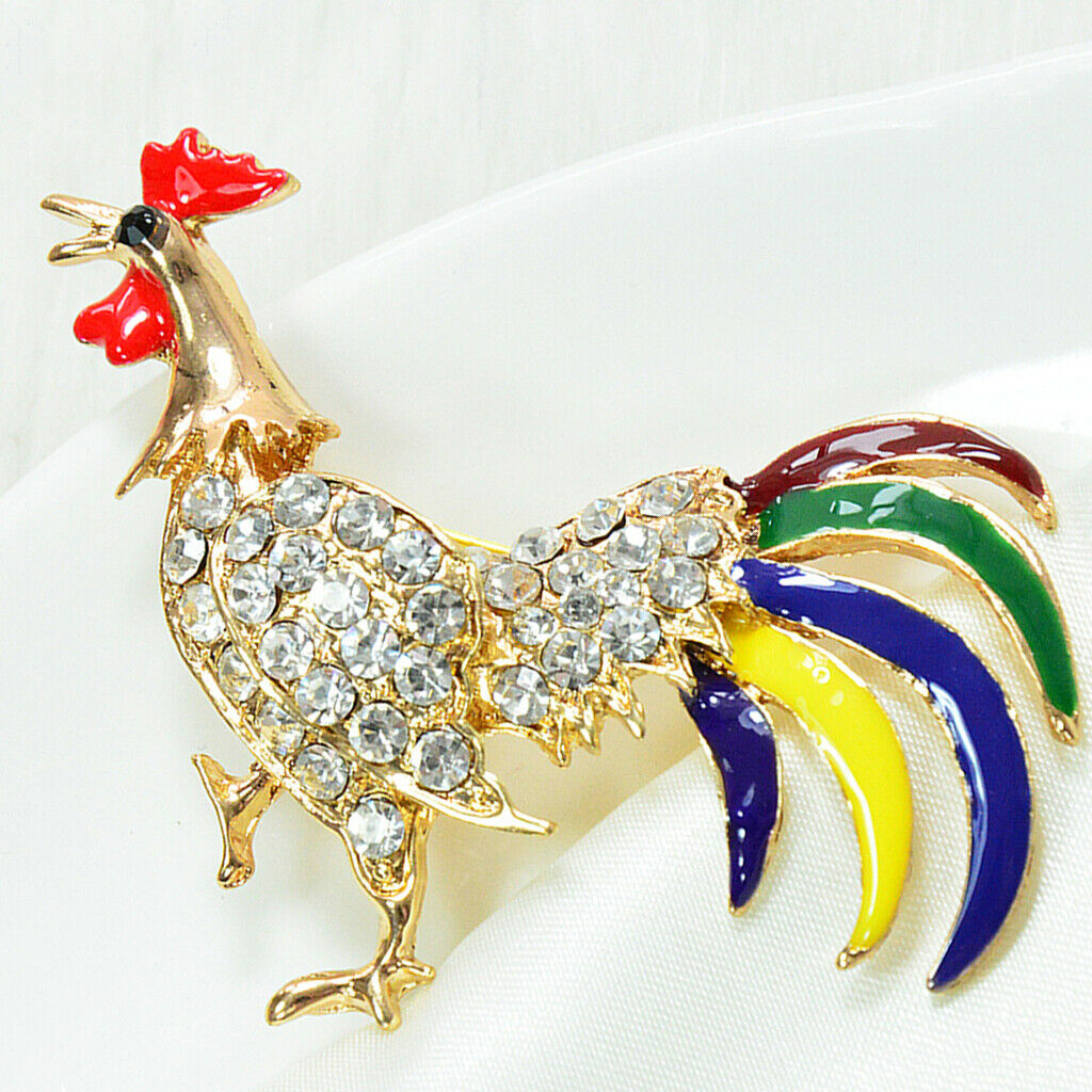 Rooster Cock Brooch Pin Zodiac Animal Enamel with Sparkling Zircons golden