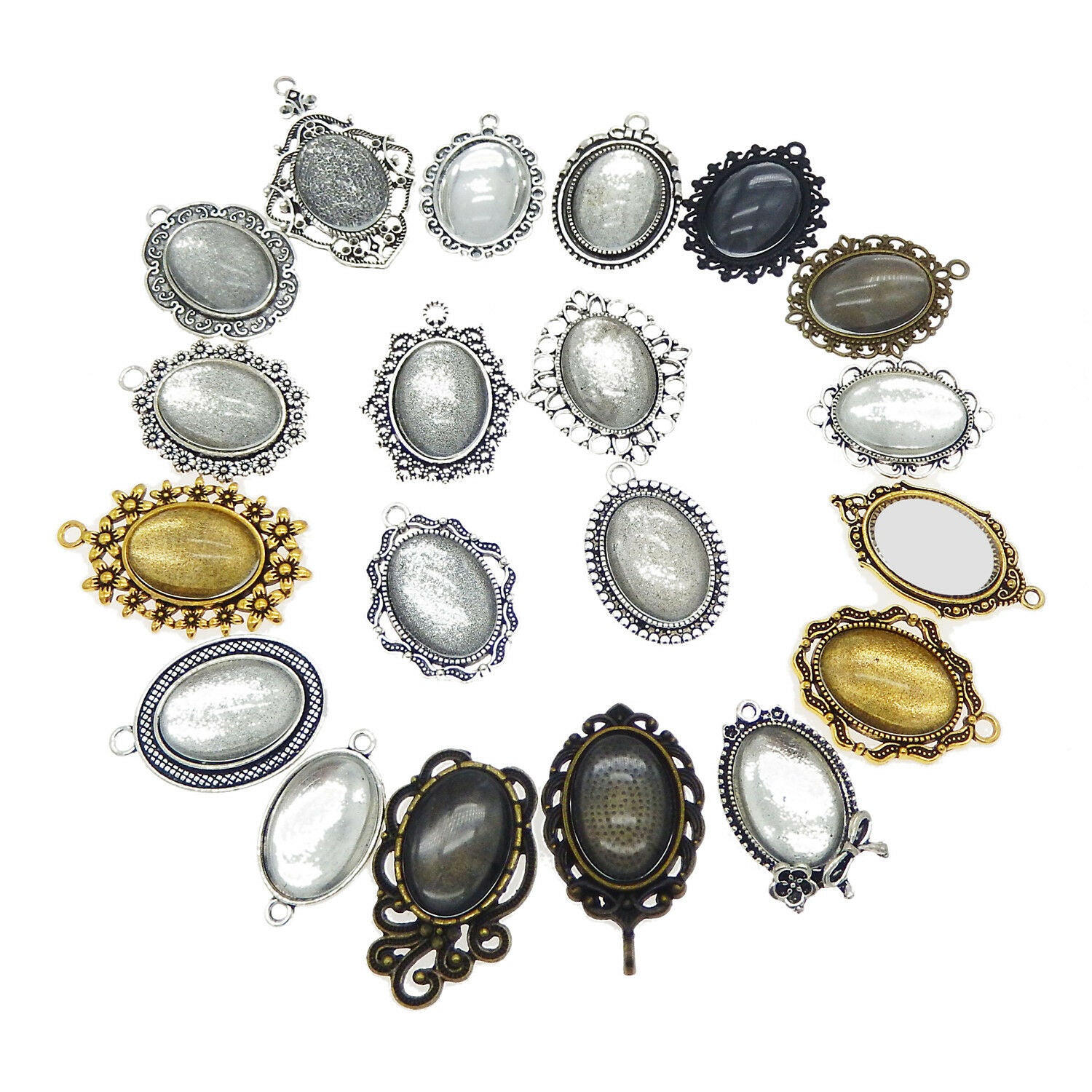 10 sets Oval Clear Glass Cabochon Base Setting Blank Bezel Frame Pendant Charm