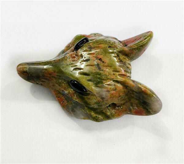 1Pc 30x24x15mm Natural Unakite Jasper Carved Fox Head Reiki Crystal Pendant HH21