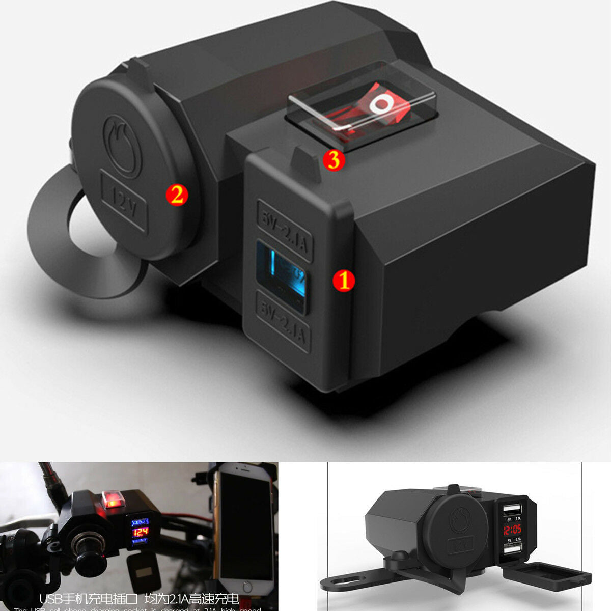 Motorcycle Cigarette Lighter Socket Outlet Dual USB Charger LED Voltmeter+Switch