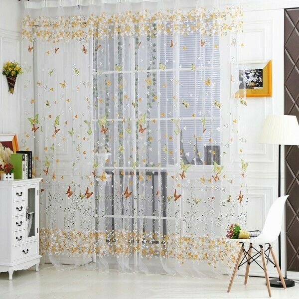 2x Colorful Buttefly Flower Sheer Voile Window Scarf