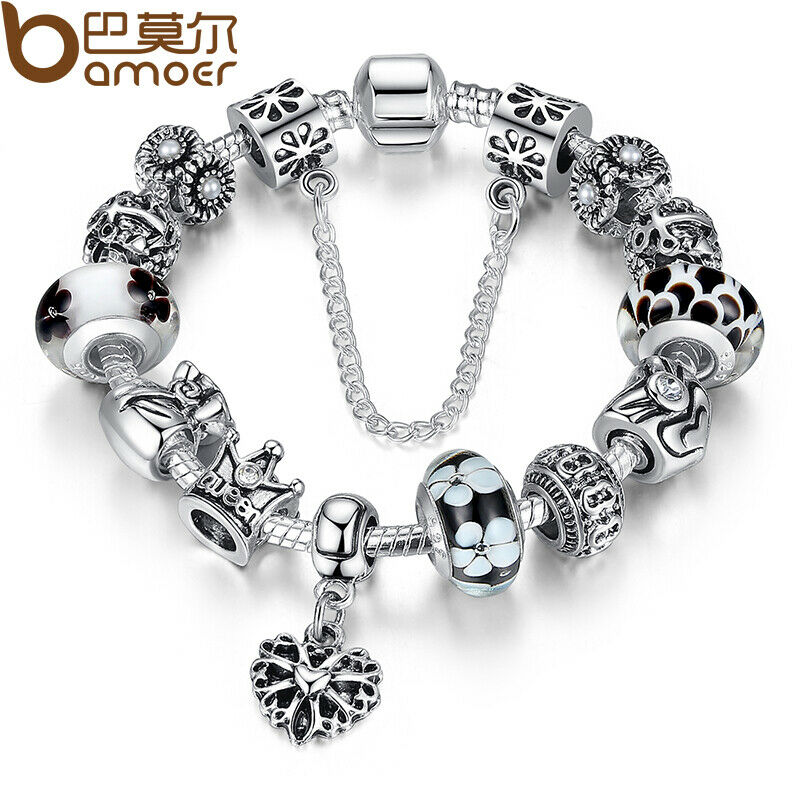 European DIY Charms Bracelet Christmas With Black Flowers Beads Women Jewelry