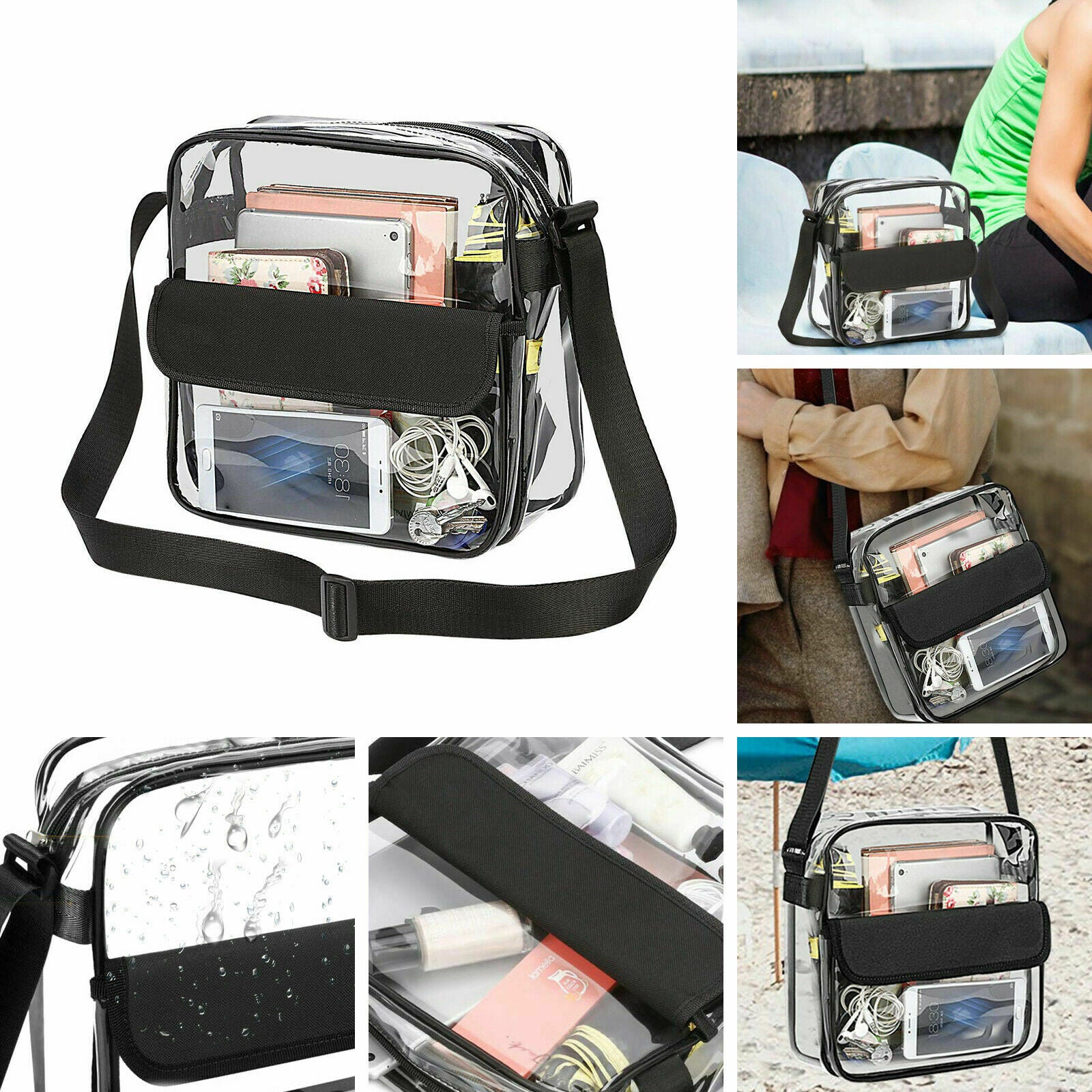 Clear Plastic Tote Bag Women Transparent Handbag Zip Purse NFL Stadium Crossbody
