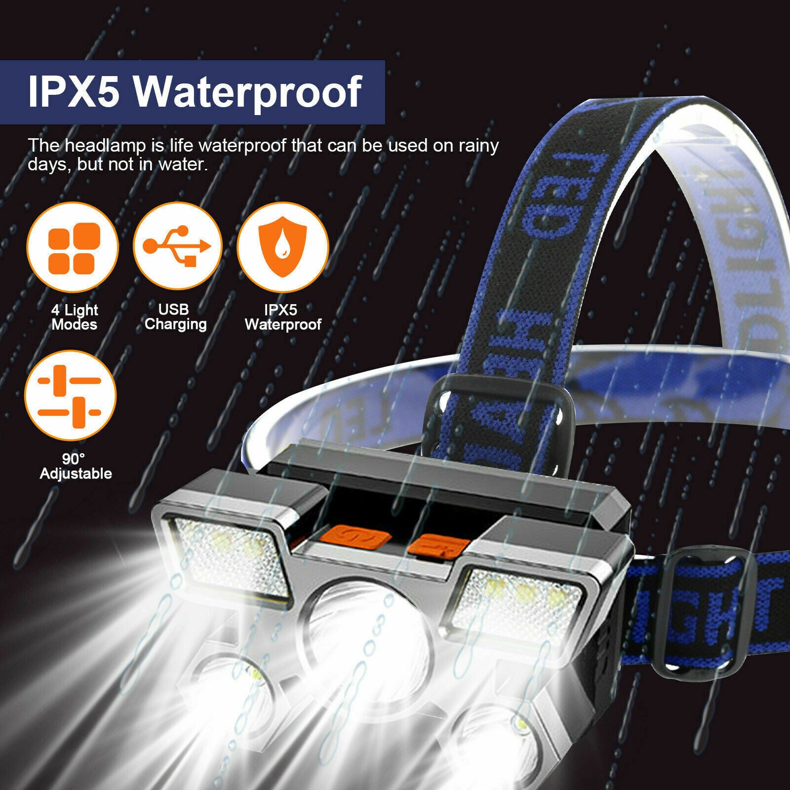 Waterproof 5LED Headlamp USB Rechargeable Headlight Torch Flashlight Light 4Mode