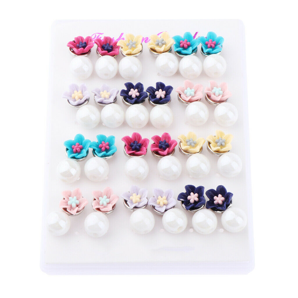 12 Pair Fashion Faux Pearls Flower Stud Earrings Ear Studs for Women Jewelry