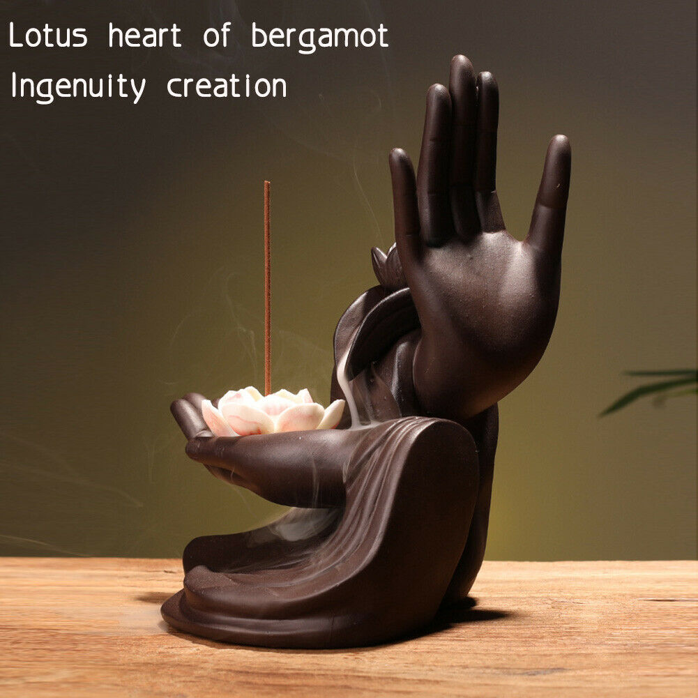 Ceramic Backflow Incense Burner Bergamot Hand Waterfall & 20 Cones Gift Decor @