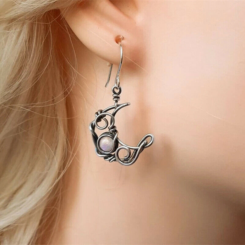 Retro Sun Moon Earrings Moonstone Asymmetric Earrings Woman Jewelry Gift